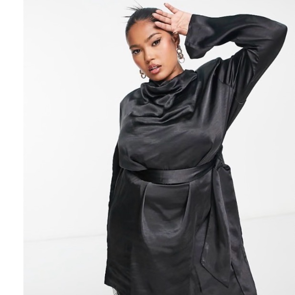 Plus Black Satin Long Sleeve Cowl Neck Dress with Waist Tie